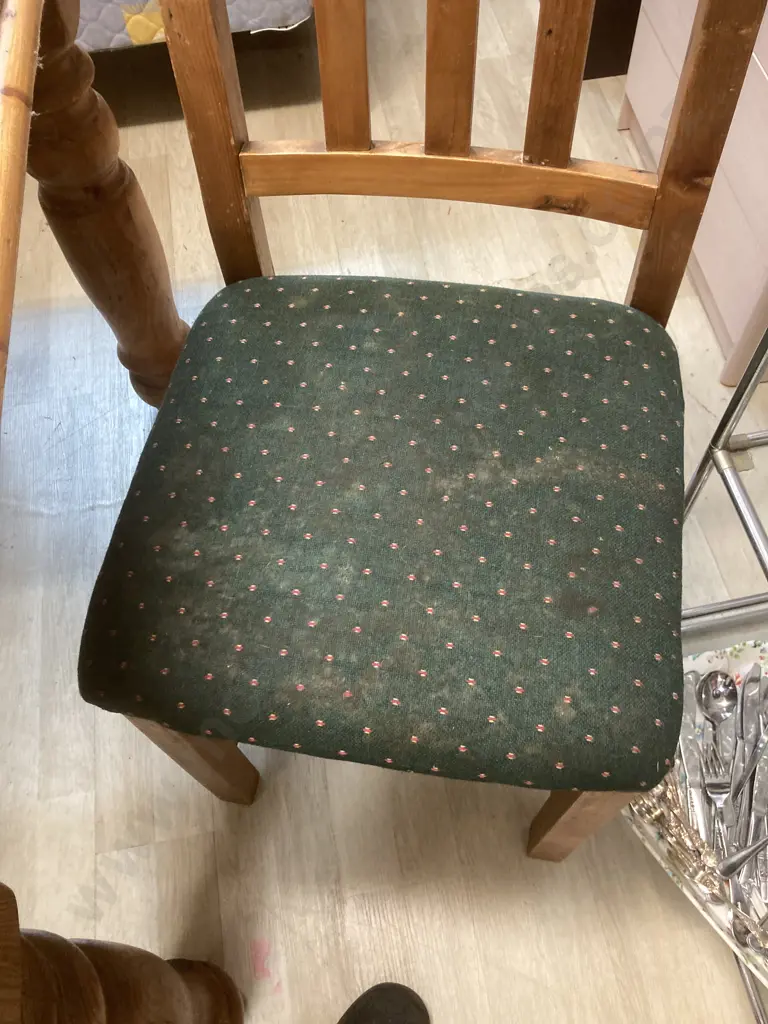 Rustic Pine Dining Table, H76 W180 D100cm, With 6 Green Fabric Upholstered Dining Chairs Image 1++