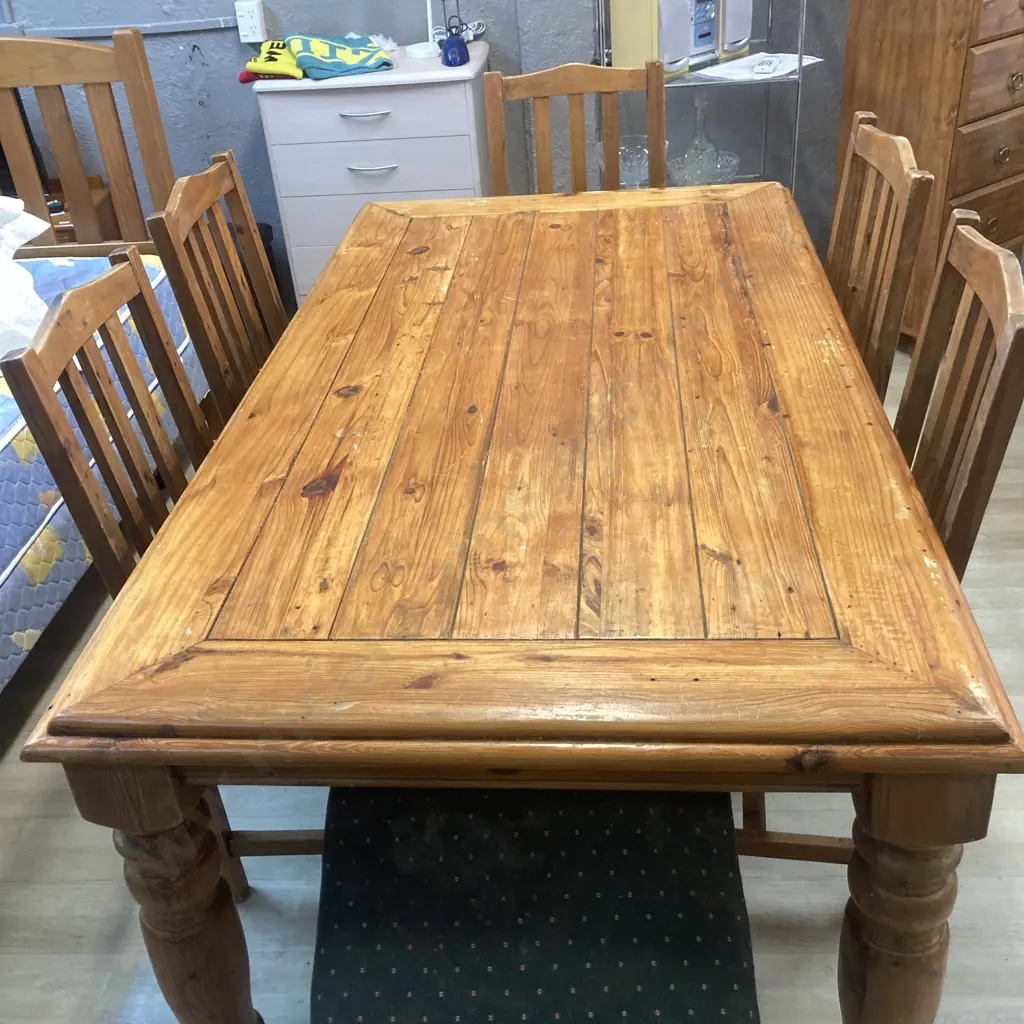 Rustic Pine Dining Table, H76 W180 D100cm, With 6 Green Fabric Upholstered Dining Chairs Image 1++