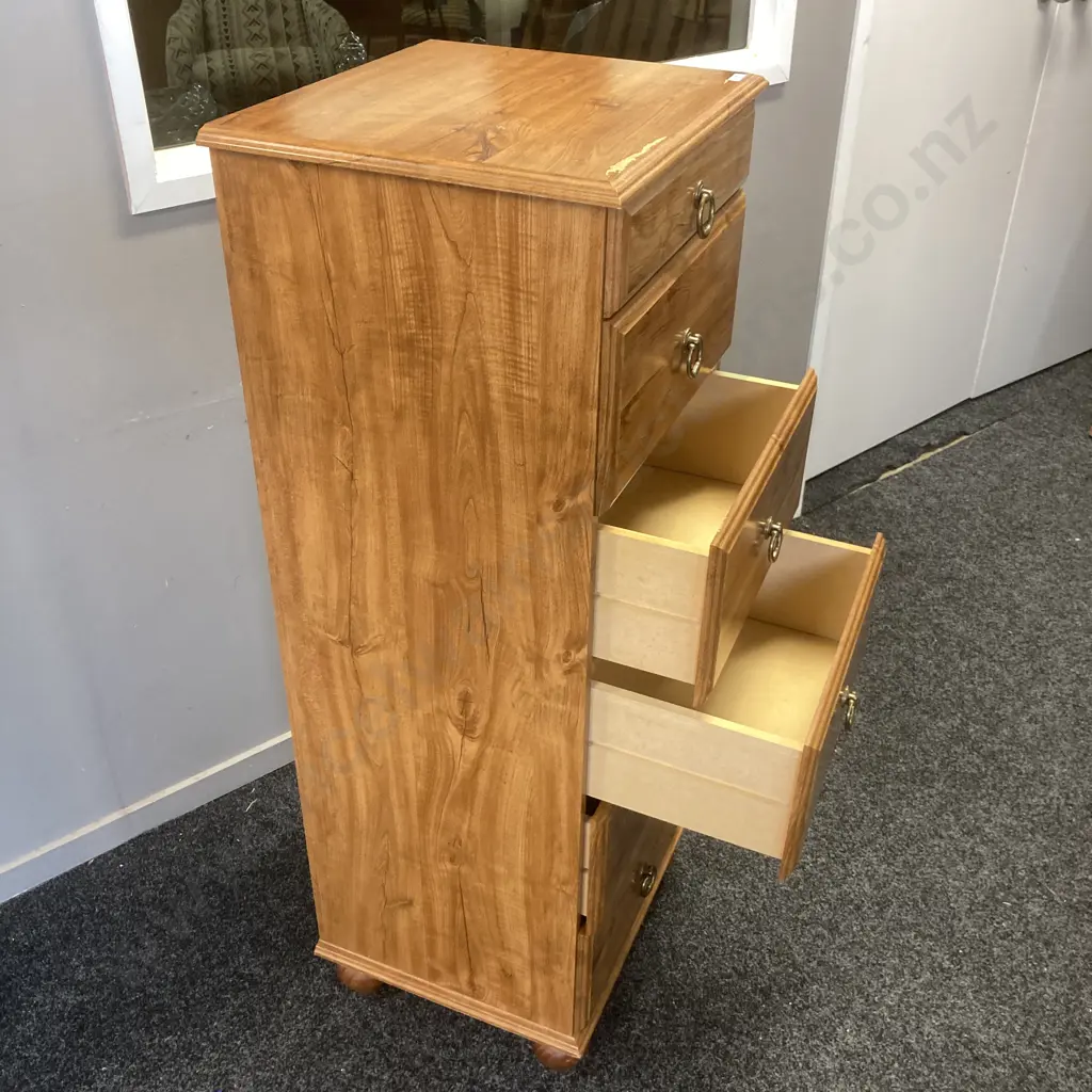 Wood Effect 6 Drawer Tallboy With Brass Ring Handles. H122 W46 D40cm Image 1++