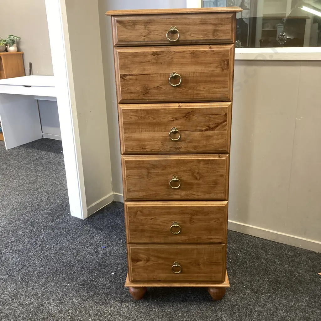Wood Effect 6 Drawer Tallboy With Brass Ring Handles. H122 W46 D40cm Image 1++