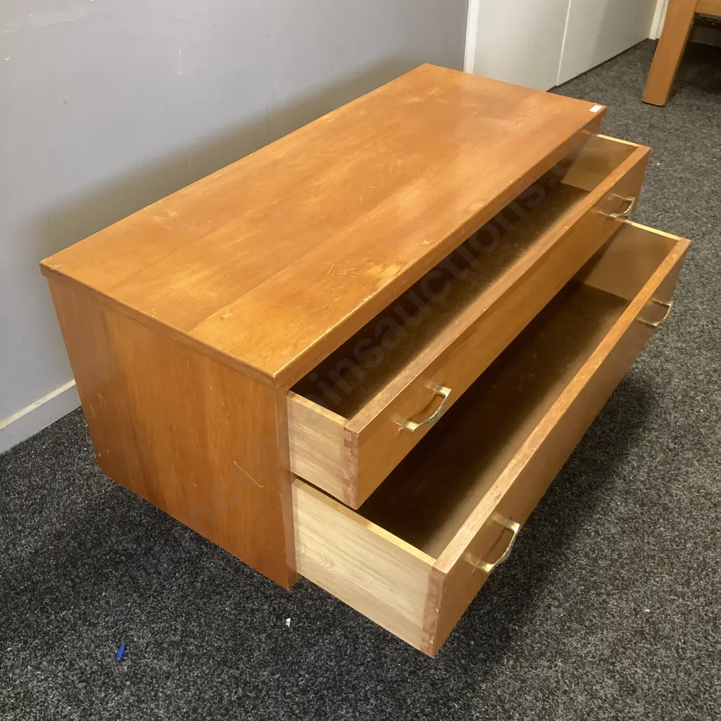 Mid Century 2 Drawer Chest of Drawers With Turned Legs & Original Handles. H53 W97 D39.5cm Image 1++
