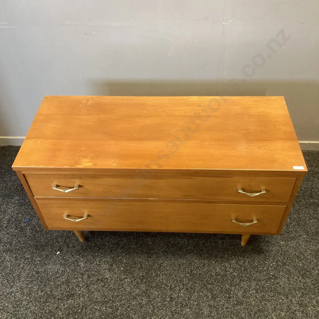 Mid Century 2 Drawer Chest of Drawers With Turned Legs & Original Handles. H53 W97 D39.5cm Image 1++
