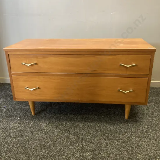 Mid Century 2 Drawer Chest of Drawers With Turned Legs & Original Handles. H53 W97 D39.5cm