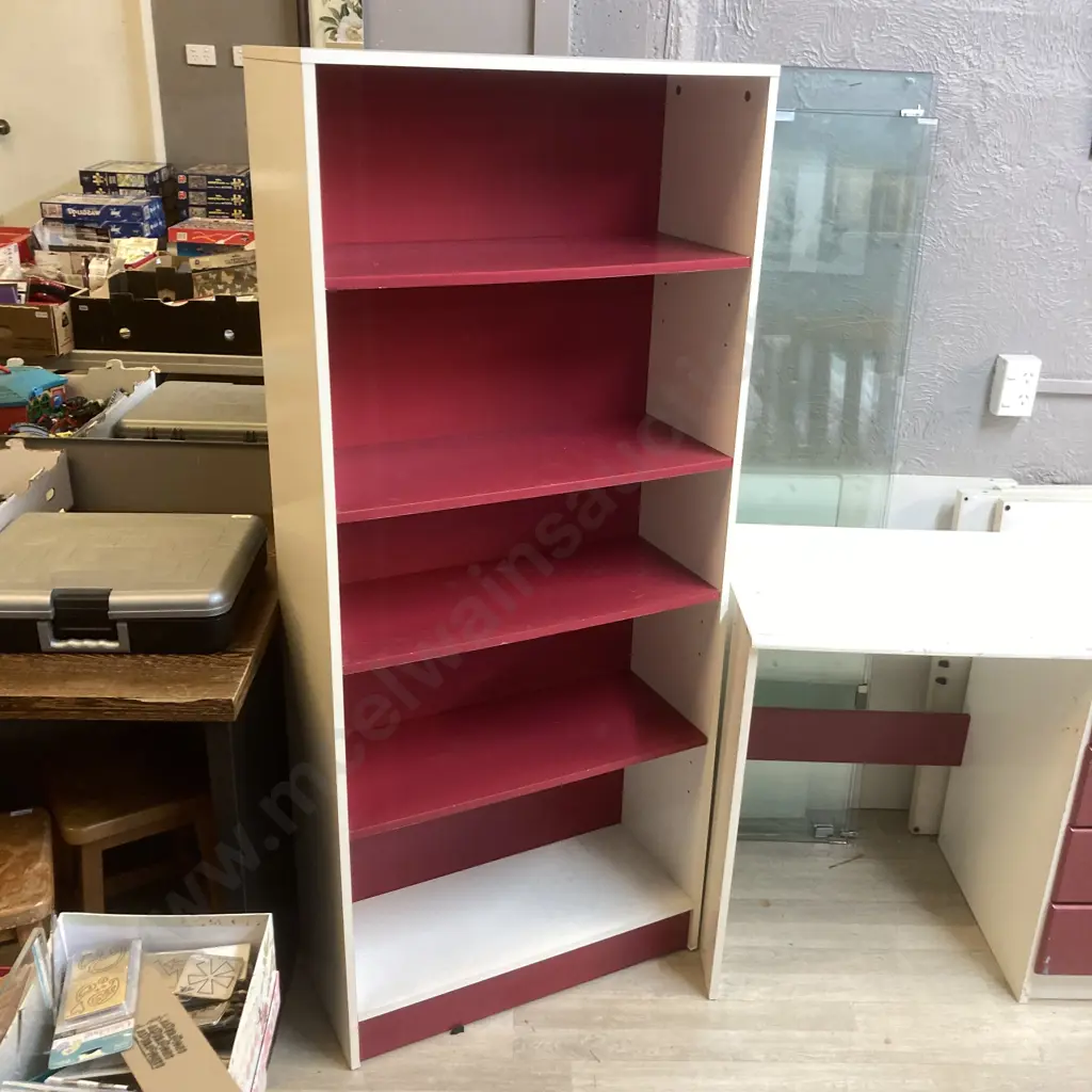 Childs White & Burgundy Bedroom Set - Student Desk, 160 x 70cm Bookcase & 4 Drawer Chest of Drawers Image 1++