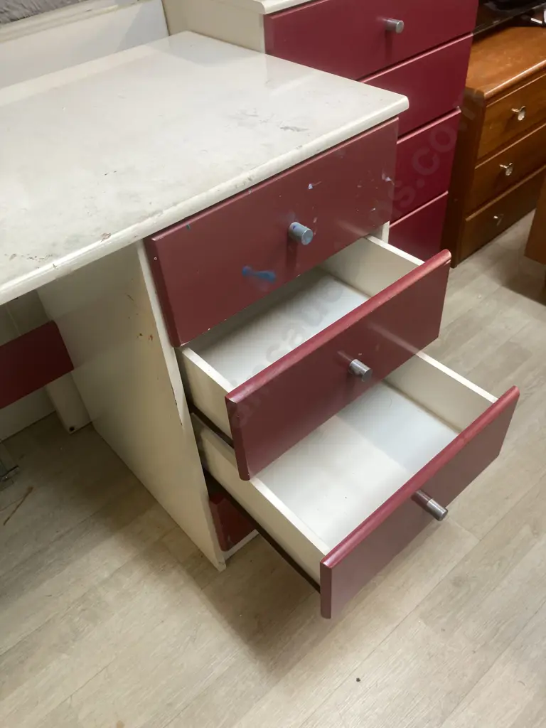 Childs White & Burgundy Bedroom Set - Student Desk, 160 x 70cm Bookcase & 4 Drawer Chest of Drawers Image 1++
