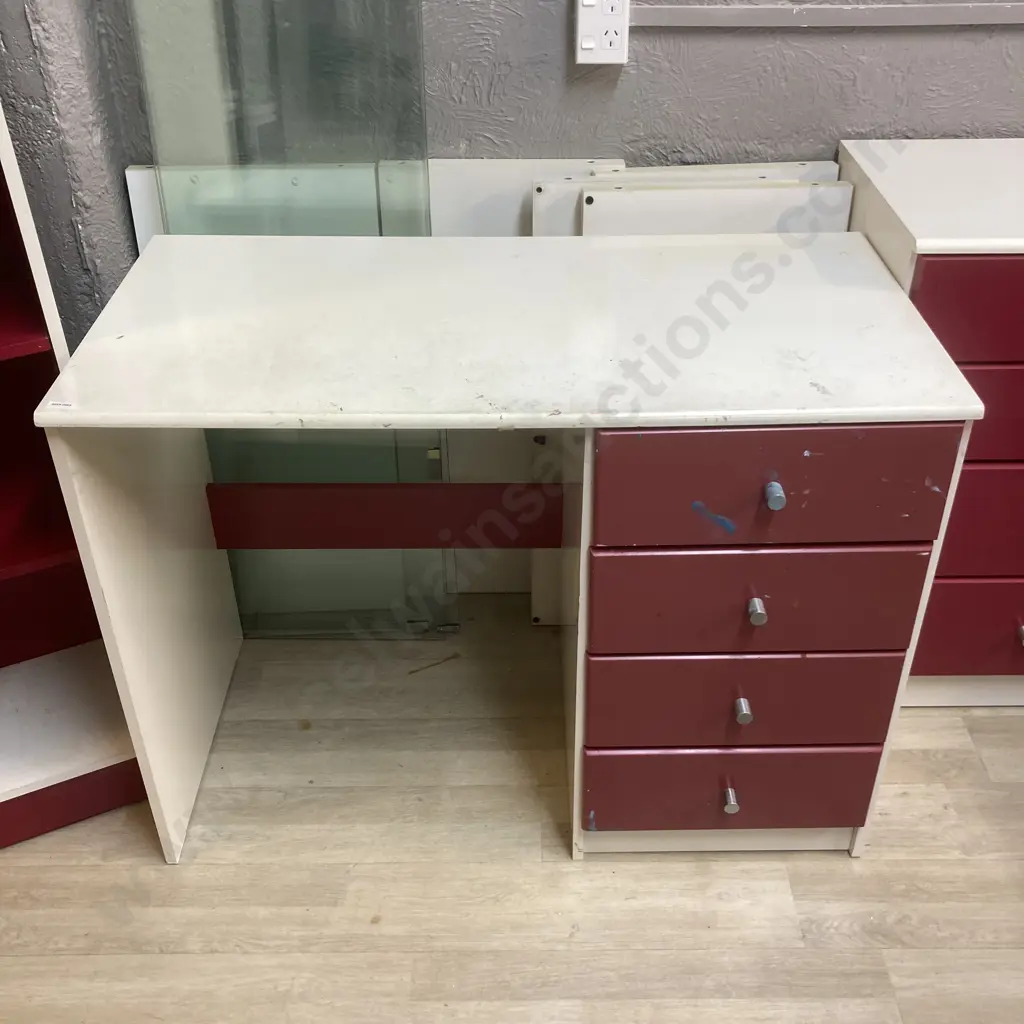 Childs White & Burgundy Bedroom Set - Student Desk, 160 x 70cm Bookcase & 4 Drawer Chest of Drawers Image 1++