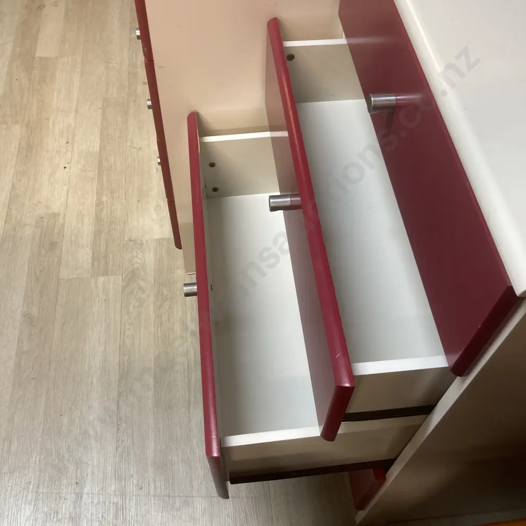 Childs White & Burgundy Bedroom Set - Student Desk, 160 x 70cm Bookcase & 4 Drawer Chest of Drawers Image 1++