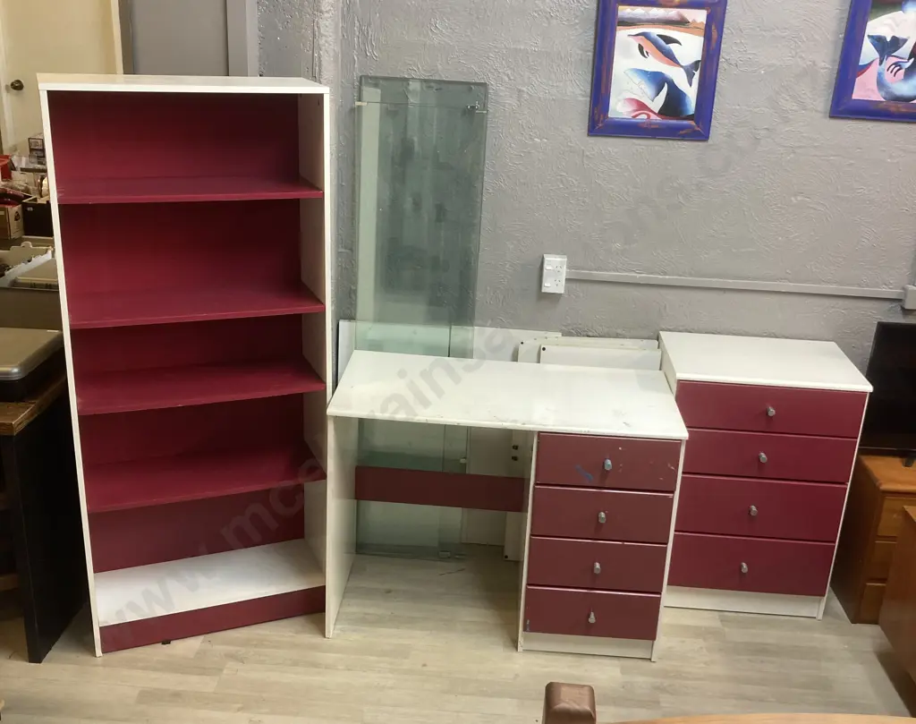 Childs White & Burgundy Bedroom Set - Student Desk, 160 x 70cm Bookcase & 4 Drawer Chest of Drawers Image 1++