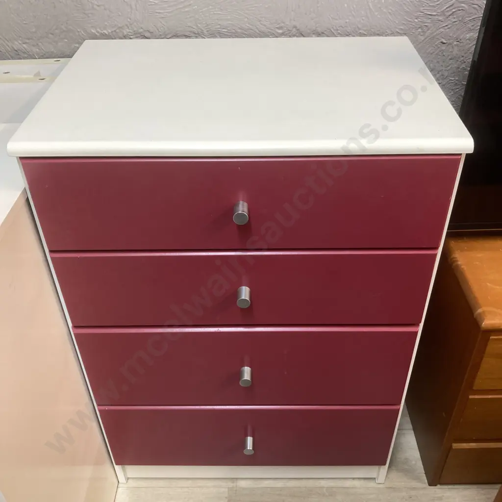 Childs White & Burgundy Bedroom Set - Student Desk, 160 x 70cm Bookcase & 4 Drawer Chest of Drawers Image 1++
