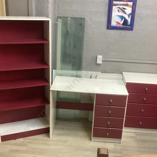 Childs White & Burgundy Bedroom Set - Student Desk, 160 x 70cm Bookcase & 4 Drawer Chest of Drawers