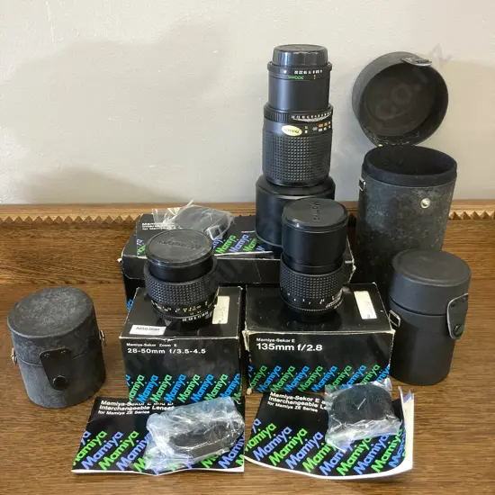 Mamiya-Sekor E 135mm f/2.8, 300mm f/4 & Zoom E 28-50mm f3.5-4.5 Lenses, Instructions, Cases & Original Boxes