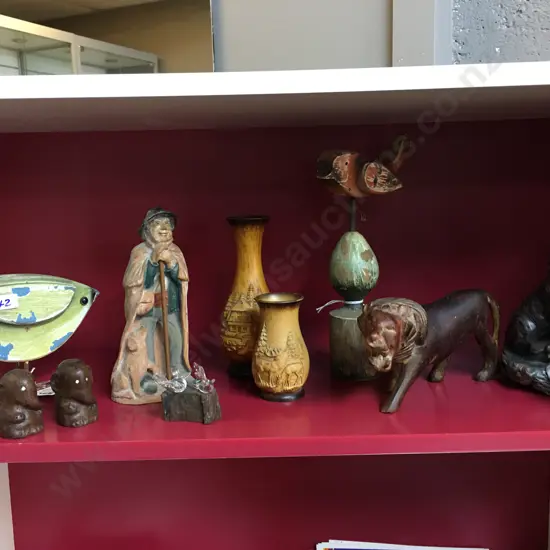 Selection of Wooden Figurines & Vases