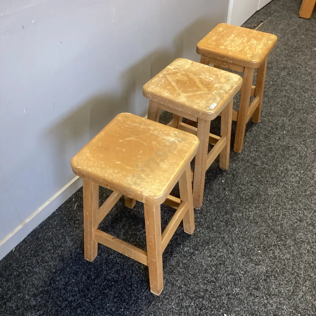 Set of Three Vintage Rimu Stools. H44 W27 D27cm Image 1++