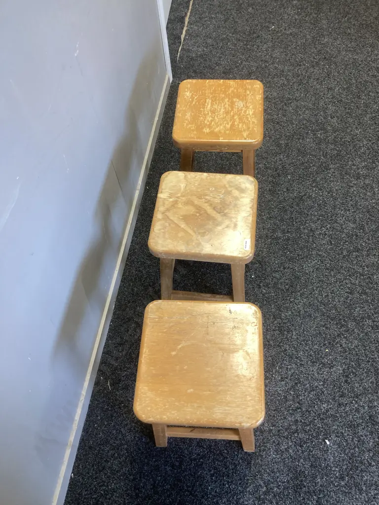 Set of Three Vintage Rimu Stools. H44 W27 D27cm Image 1++