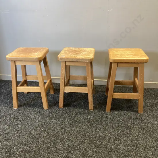 Set of Three Vintage Rimu Stools. H44 W27 D27cm