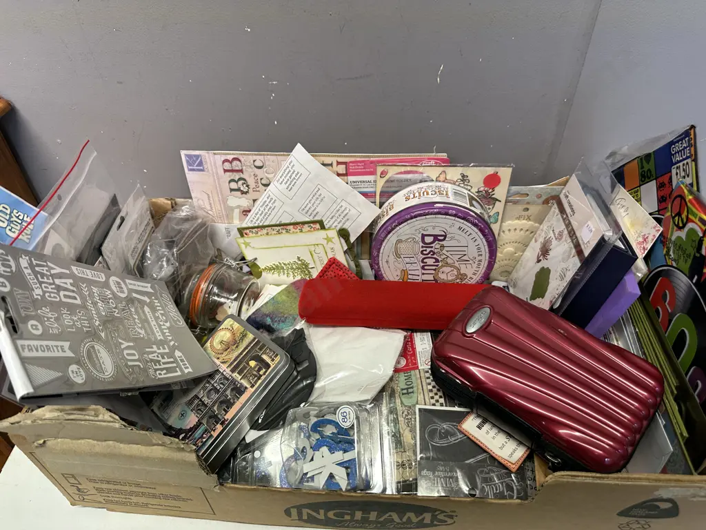 Box Of Assorted Scrapbooking Sundries, Tins, Cards Etc Image 1++