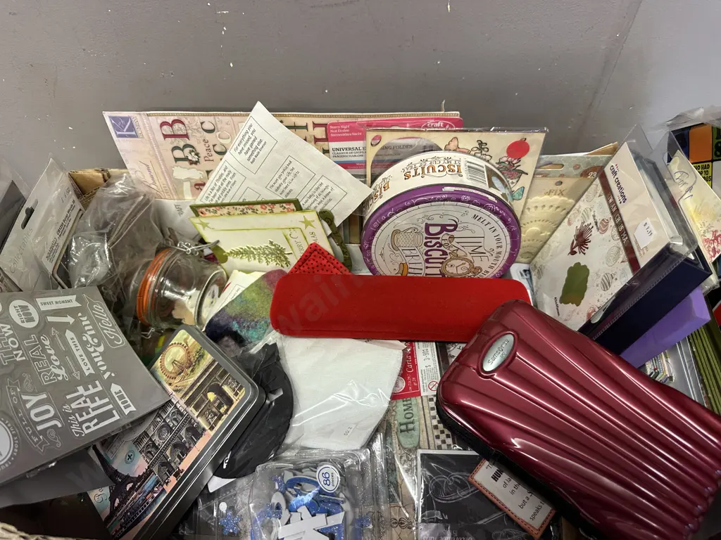 Box Of Assorted Scrapbooking Sundries, Tins, Cards Etc Image 1++