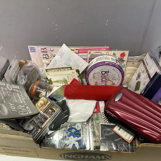 Box Of Assorted Scrapbooking Sundries, Tins, Cards Etc