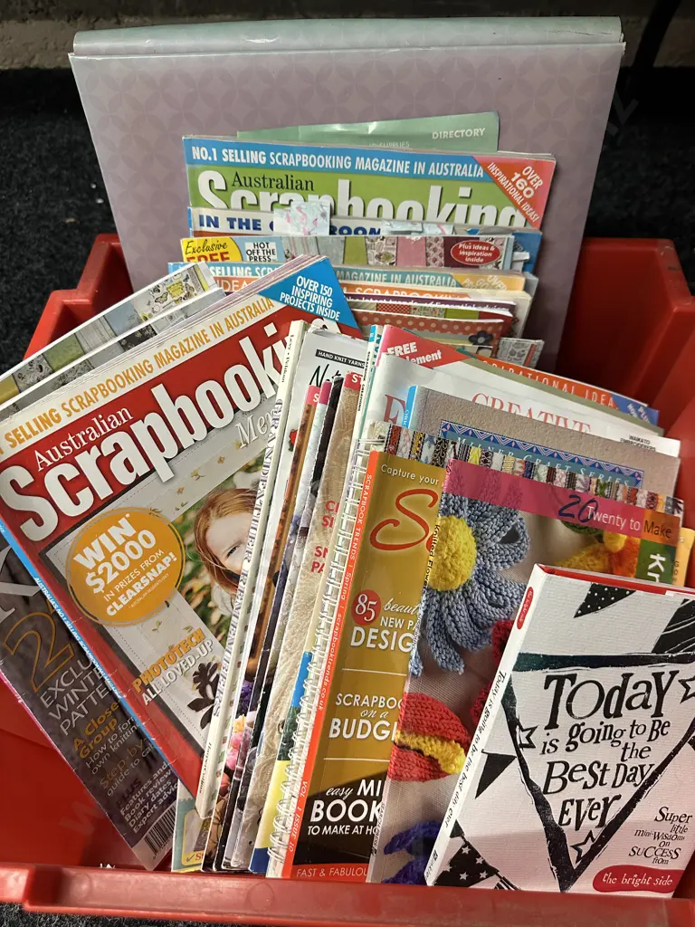 Red Bin Of Assorted Scrapbooking Books Etc Image 1++