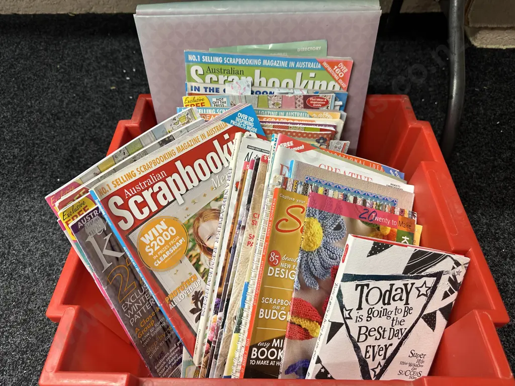 Red Bin Of Assorted Scrapbooking Books Etc Image 1++
