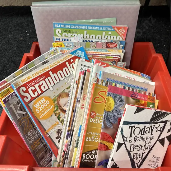 Red Bin Of Assorted Scrapbooking Books Etc