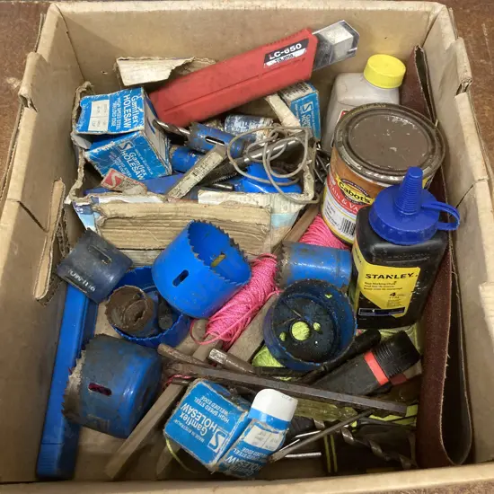 Box Lot Hole Saws, Tools Etc