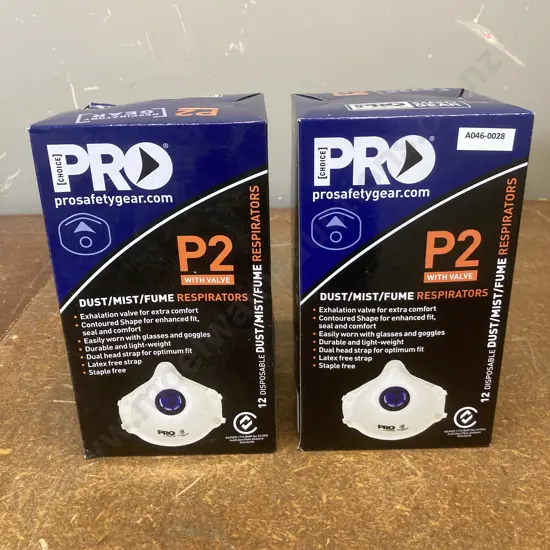 Pro Safety Gear P2 Disposable Valved Dust/Mist/Fume Respirator Masks, 2 x Boxes of 12