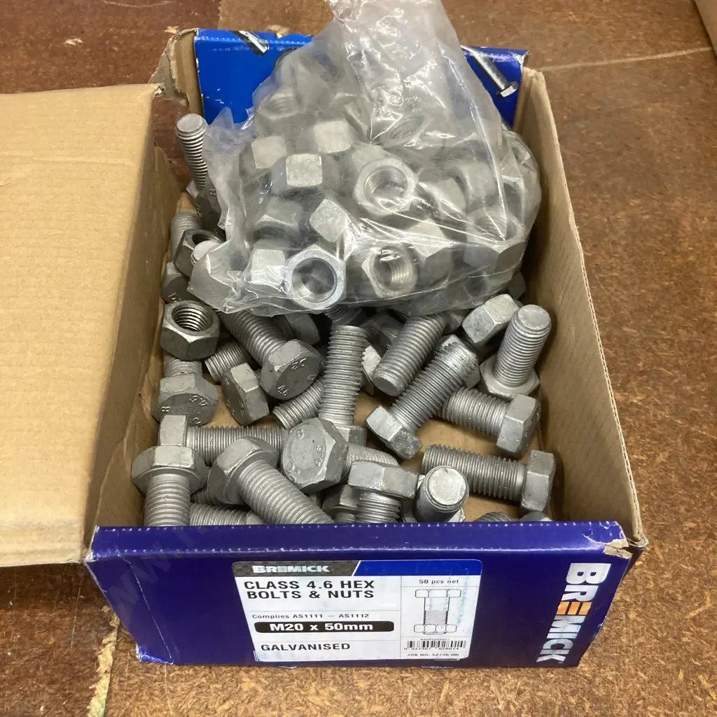 50 x Bremick Class 4.6 Hex Bolts & Nuts M20 x 50mm Galv Image 1++