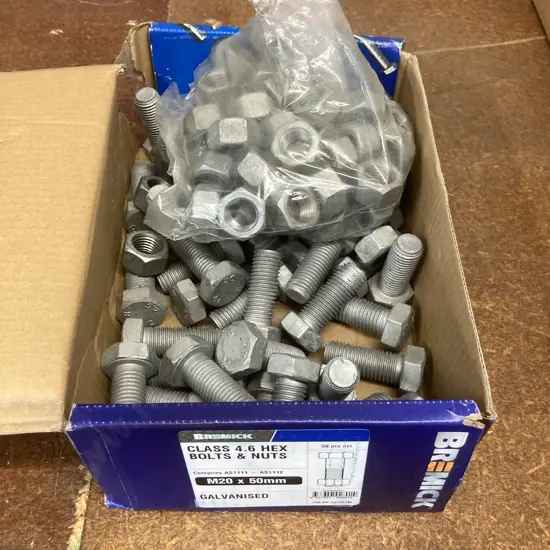 50 x Bremick Class 4.6 Hex Bolts & Nuts M20 x 50mm Galv