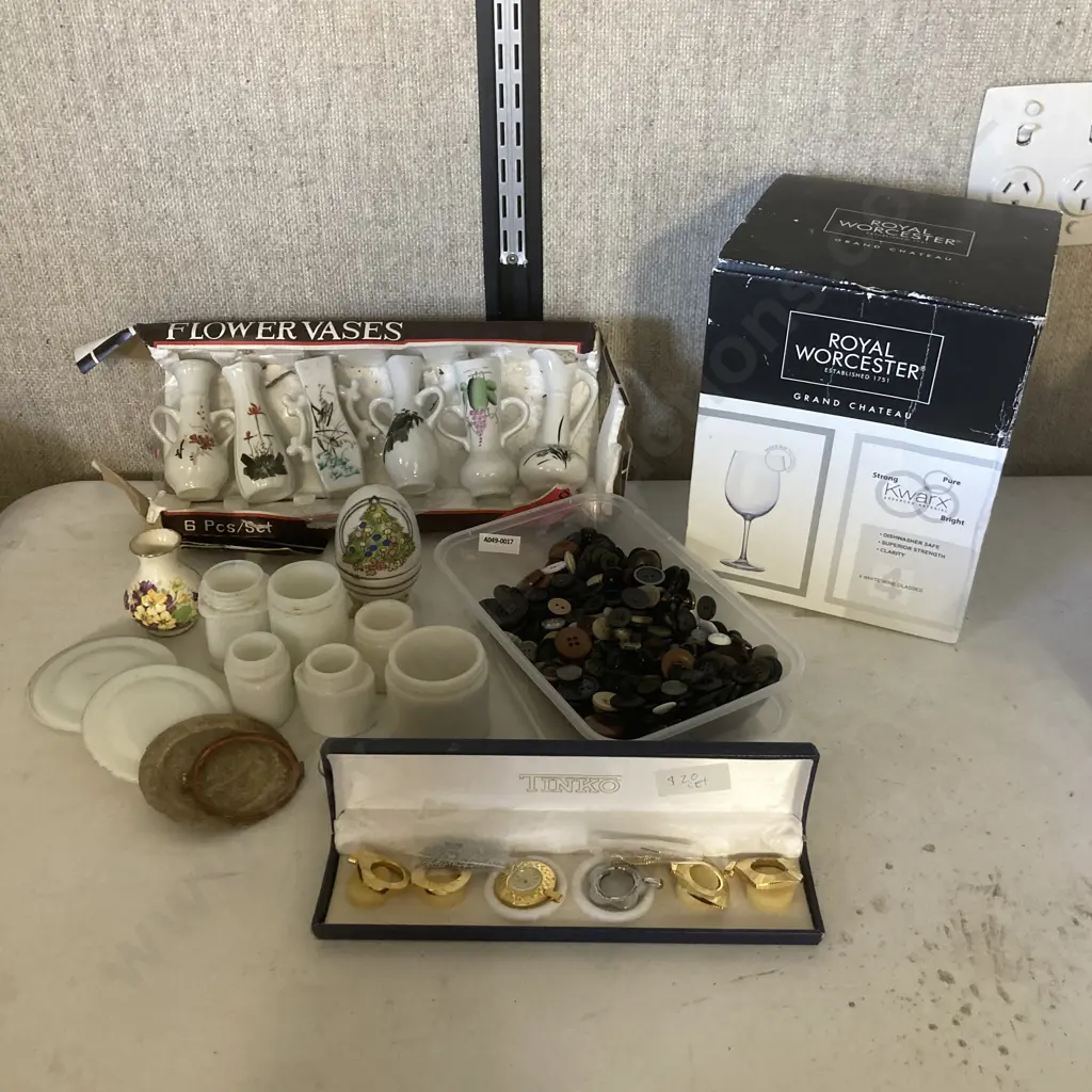 Flower Vases, Buttons, Watch Set & Royal Worcestor Glasses Image 1++