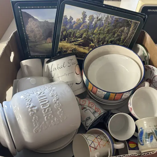 Assorted Placemats, Crockery, Biscuit Barrel Etc