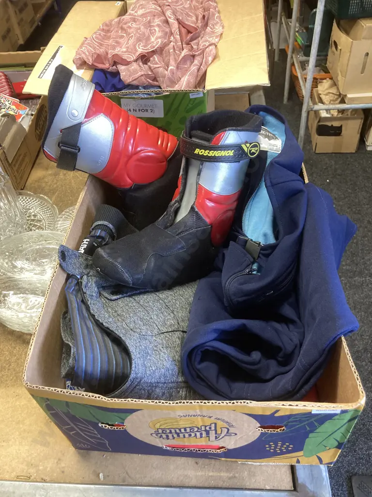 Box Lot Rossignol Snow Boots, Snowclothes Bib Overalls, Flag Etc Image 1++