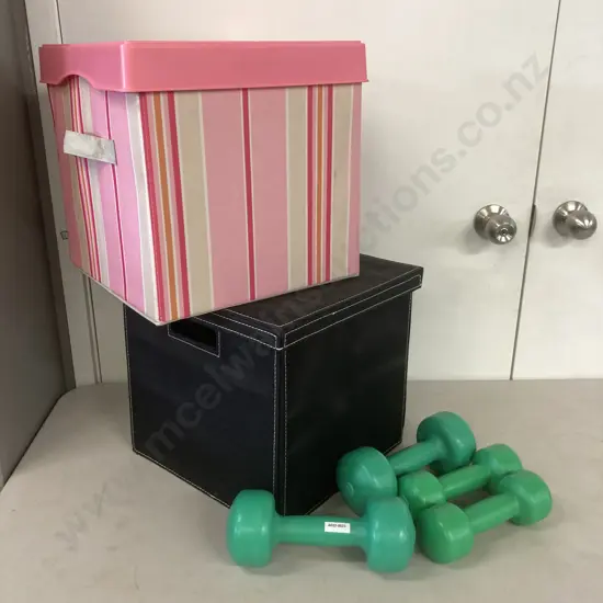 Black & Pink Lidded Storage Cubes & 2 Pairs Of Dumbbells
