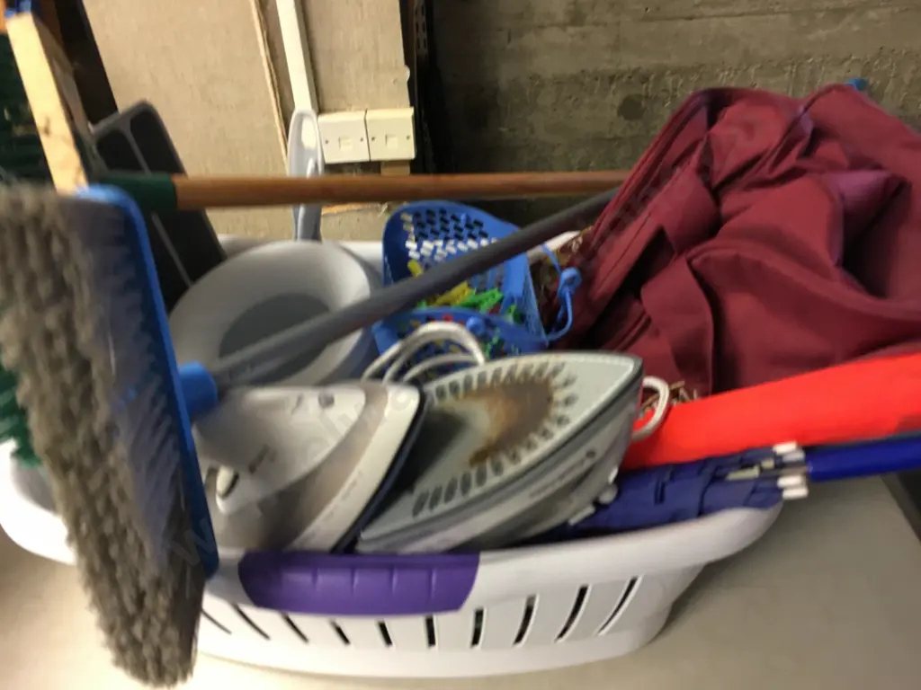 Laundry Hamper With Assorted Items Including Brooms, Umbrellas, Irons Etc Image 1++