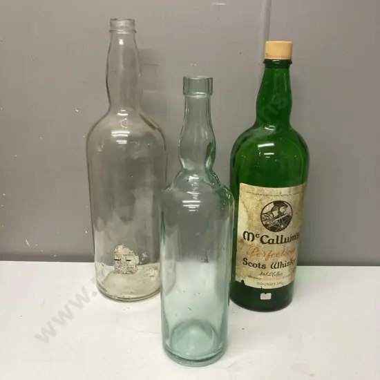 Large McCallums & Dewars Whisky Bottles & Picon Bitters Glass Bottle. H 33 to 55cm