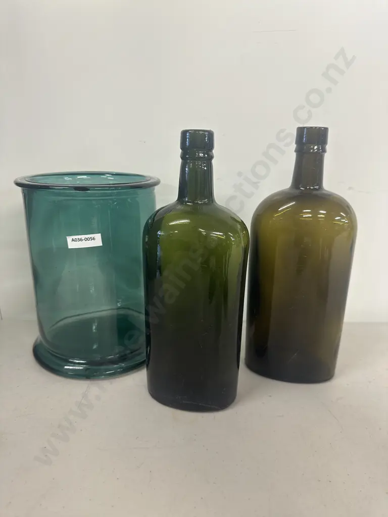 Pair of Antique Green Glass Bottles & Blue Glass Lipped Canister Image 1++