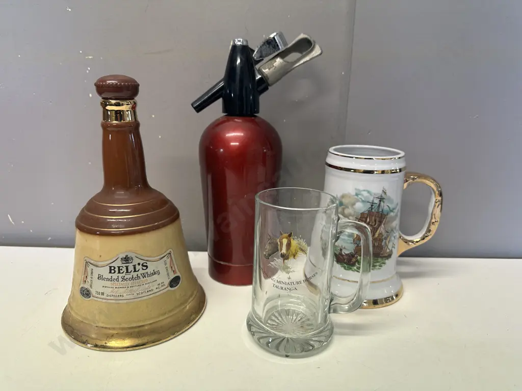 Sparklets Soda Syphon, Bells Whiskey Decanter, Beer Handles Image 1++