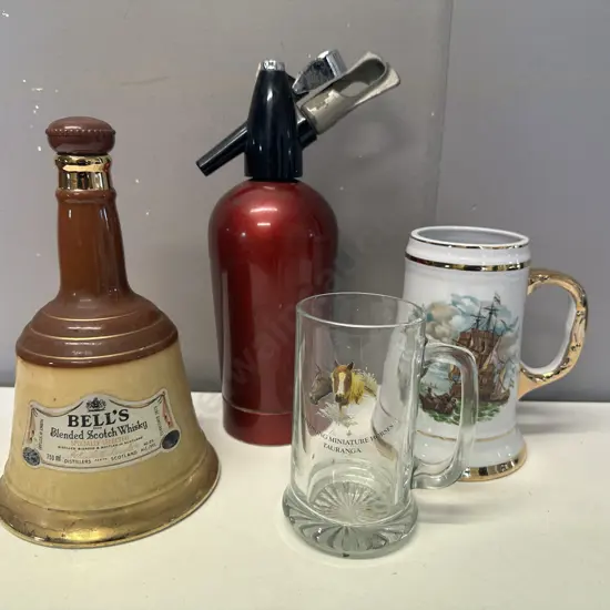 Sparklets Soda Syphon, Bells Whiskey Decanter, Beer Handles