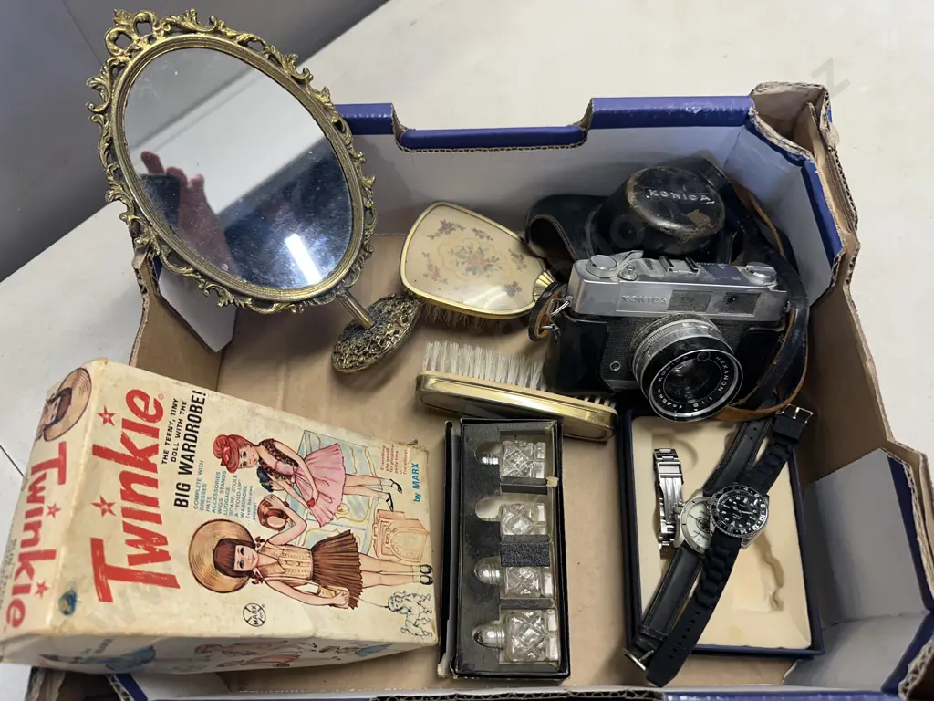 Vintage Items Including Konica Camera & Case, Watches, Brush & Mirror,Twinkie Etc Image 1++
