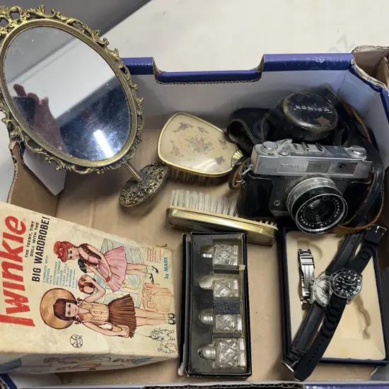 Vintage Items Including Konica Camera & Case, Watches, Brush & Mirror,Twinkie Etc
