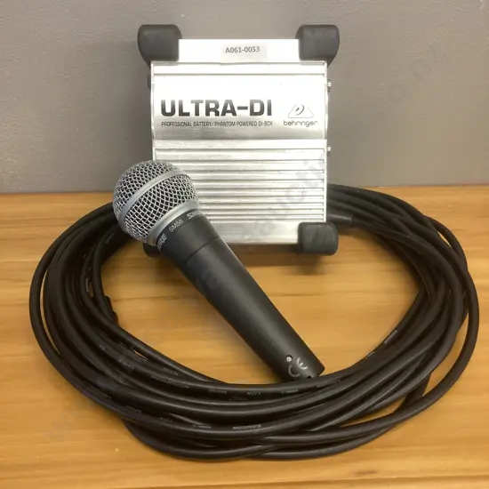 SHURE SM58 Vocal Microphone, Samson Tourtek Microphone Cable, Behringer DI100 Microphone / Instrument Dl Box