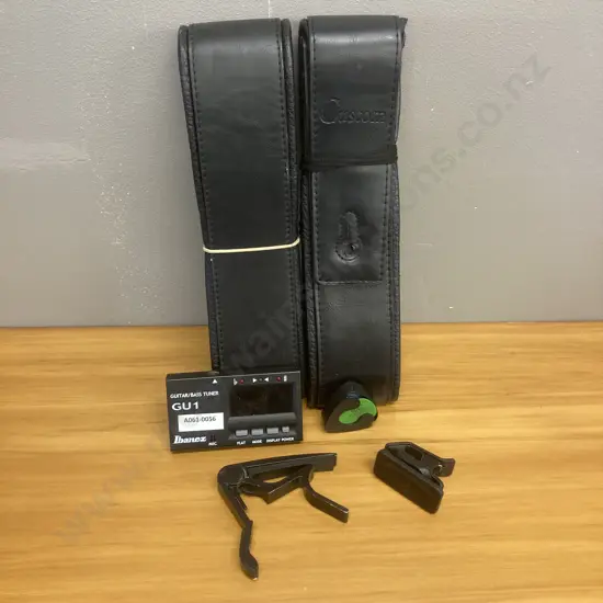 Pitchclip Tuner, Ibanez GU1 Tuner, Dunlop Pick Holder & Picks, Trigger Capo, Custom G02 Garment Leather Guitar Straps