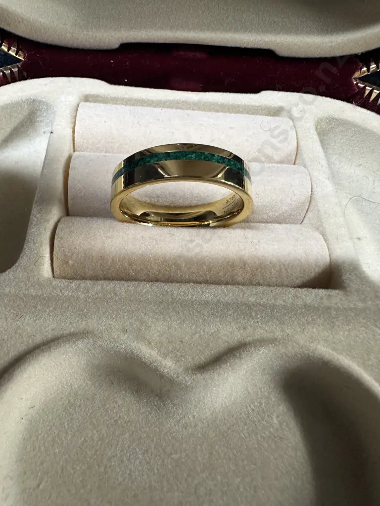 Gold Coloured Ring With Green Stripe Image 1++