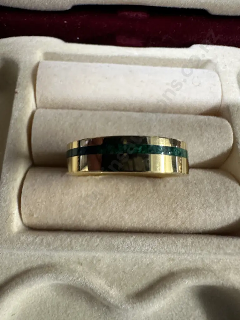 Gold Coloured Ring With Green Stripe Image 1++