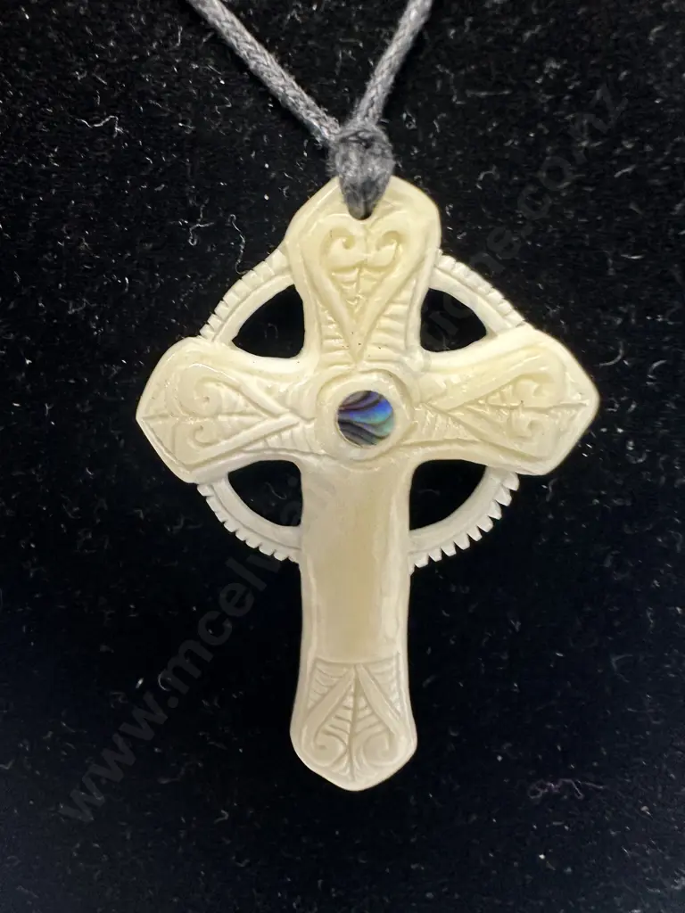 Bone Celtic Cross Necklace With Small Piece Of Paua Image 1++