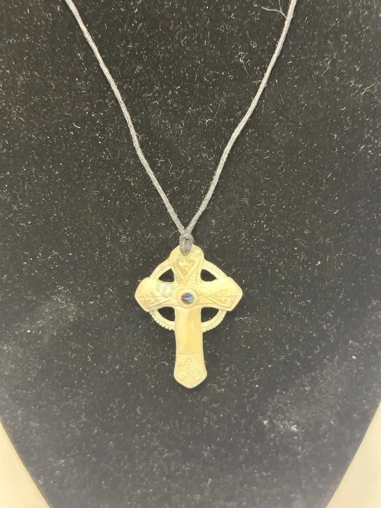 Bone Celtic Cross Necklace With Small Piece Of Paua Image 1++