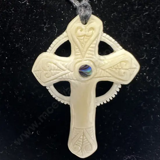 Bone Celtic Cross Necklace With Small Piece Of Paua