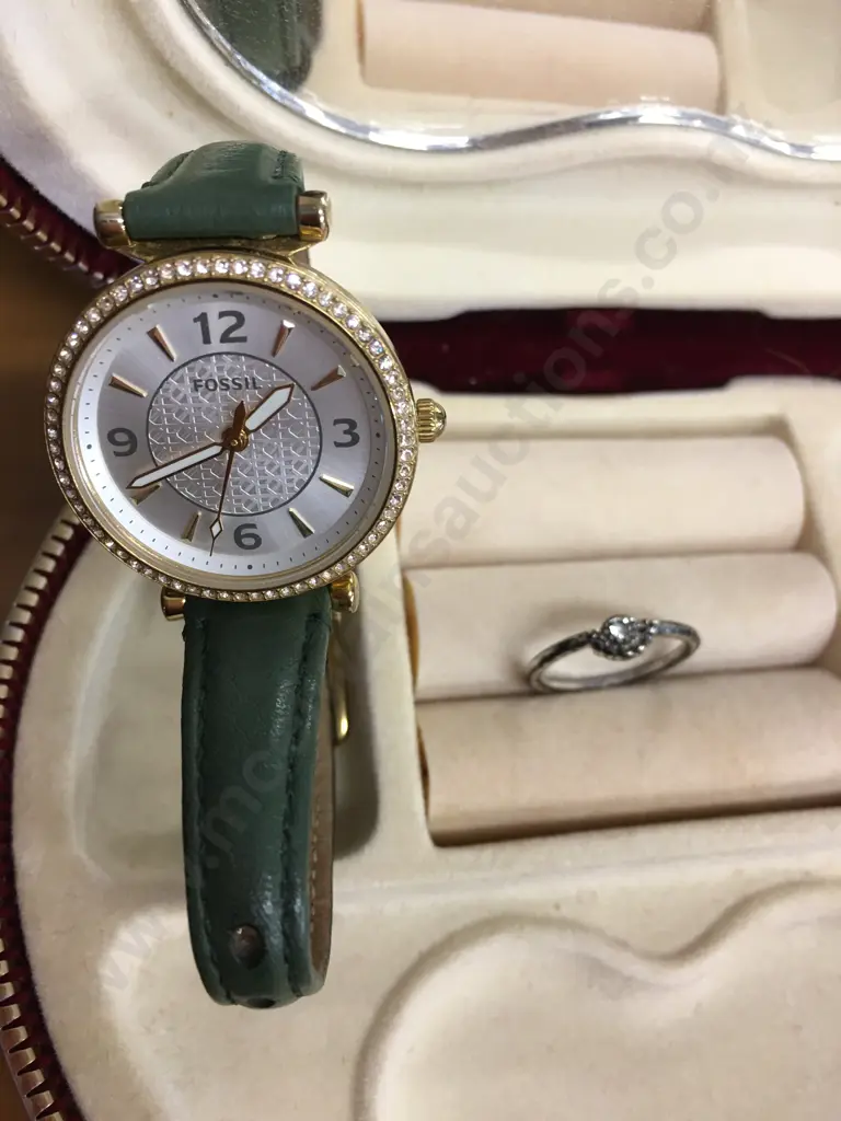 Silver Ring With Small Gem Stone & Fossil Watch With Green Strap Image 1++