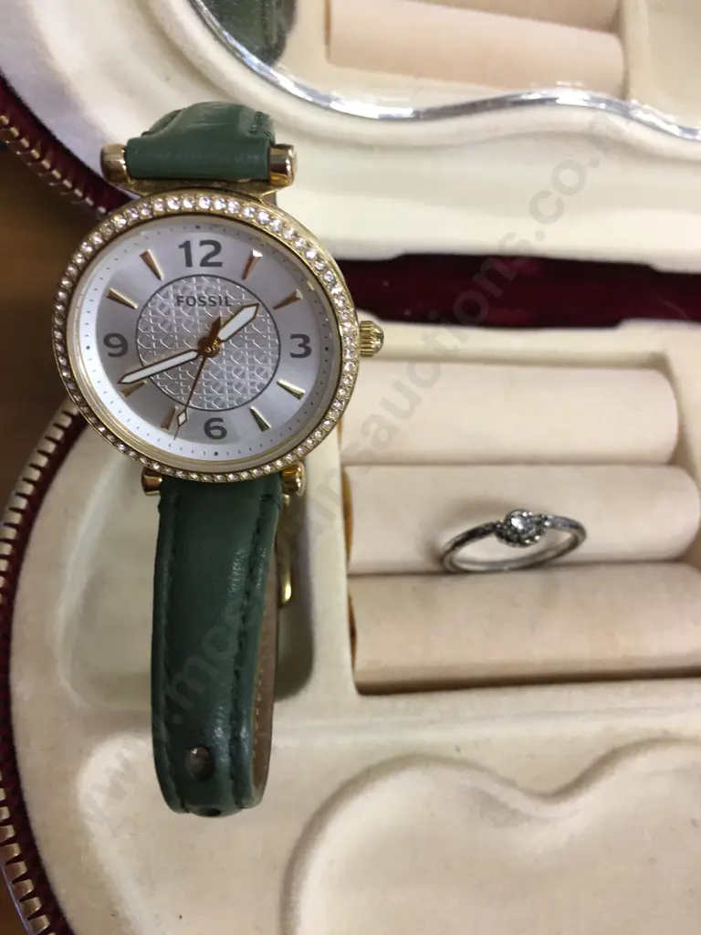 Silver Ring With Small Gem Stone & Fossil Watch With Green Strap Image 1++