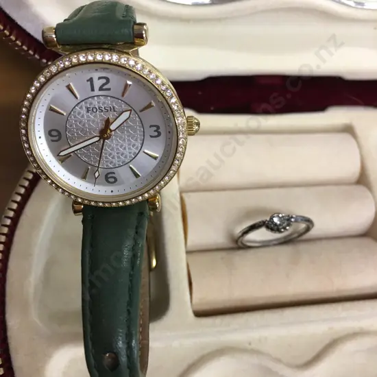 Silver Ring With Small Gem Stone & Fossil Watch With Green Strap